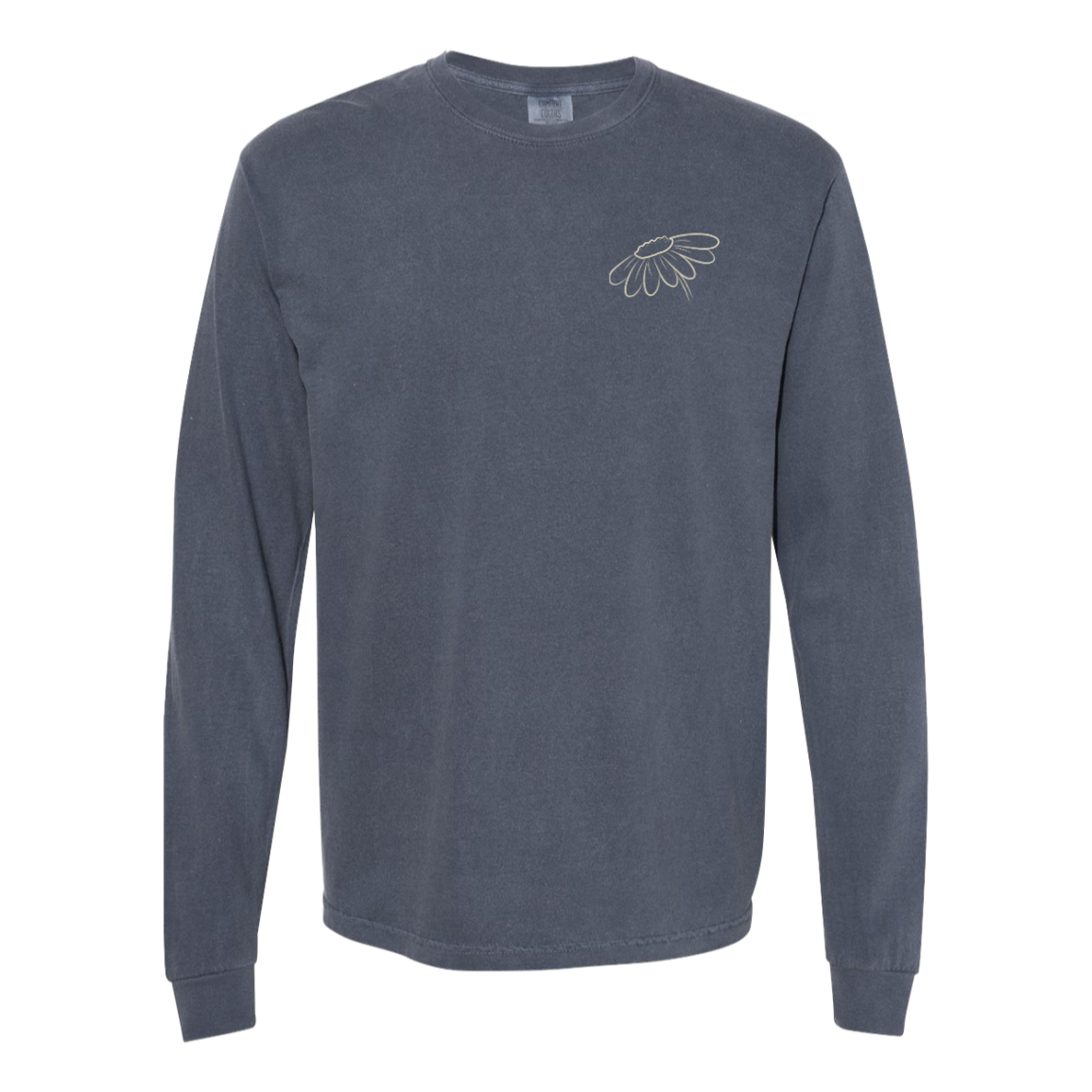 Denim Comfort Colors long sleeve with matching left chest artwork.