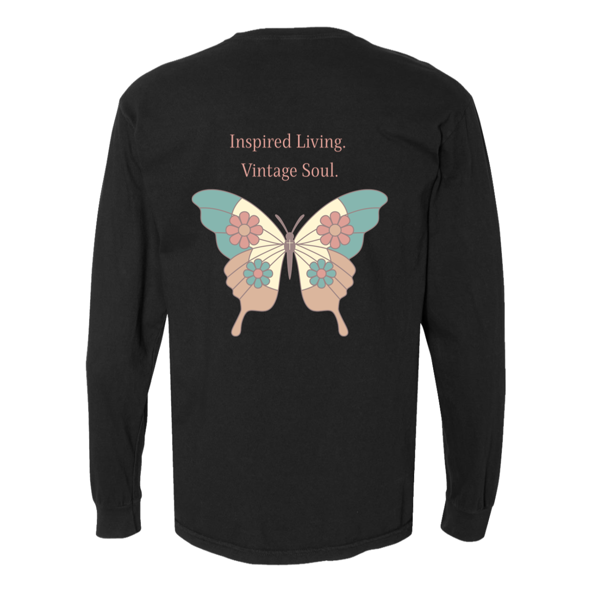 Back of Black Comfort Colors long sleeve with original butterfly artwork.