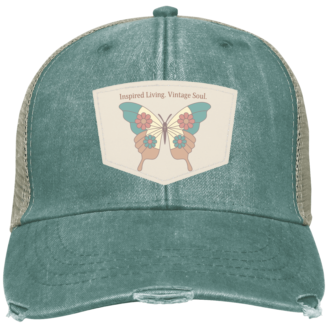 Inspired Living Vintage Soul Signature Vintage Butterfly patch hat featuring an exclusive butterfly design on a premium vegan leather patch with a distressed forest trucker cap and adjustable snapback closure. 
