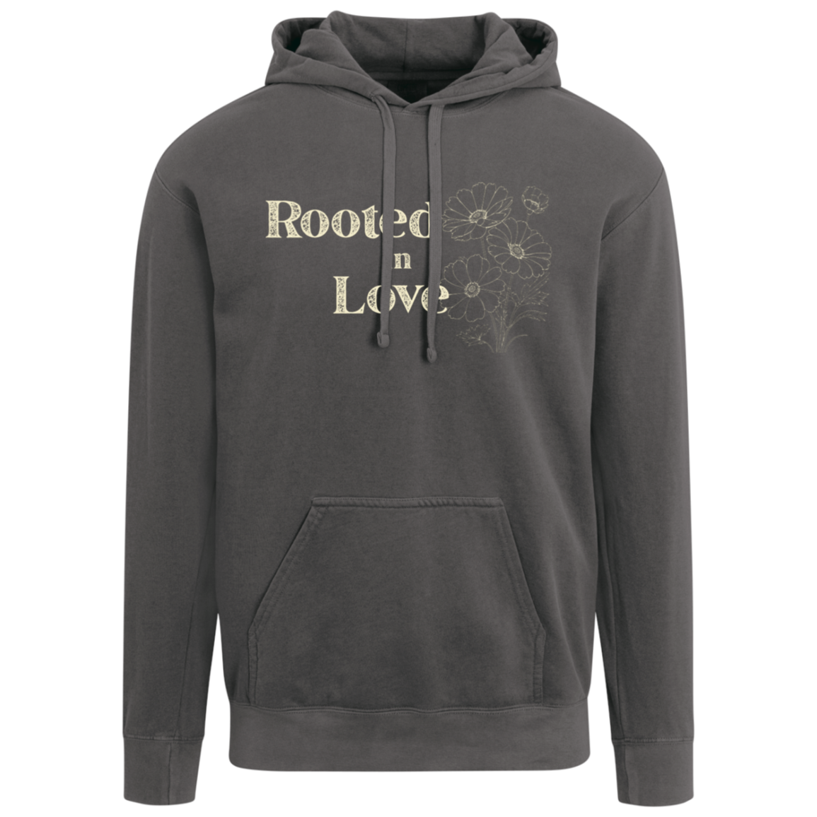 A Pepper Comfort Colors hoodie displaying the Rooted in Love botanical front design.