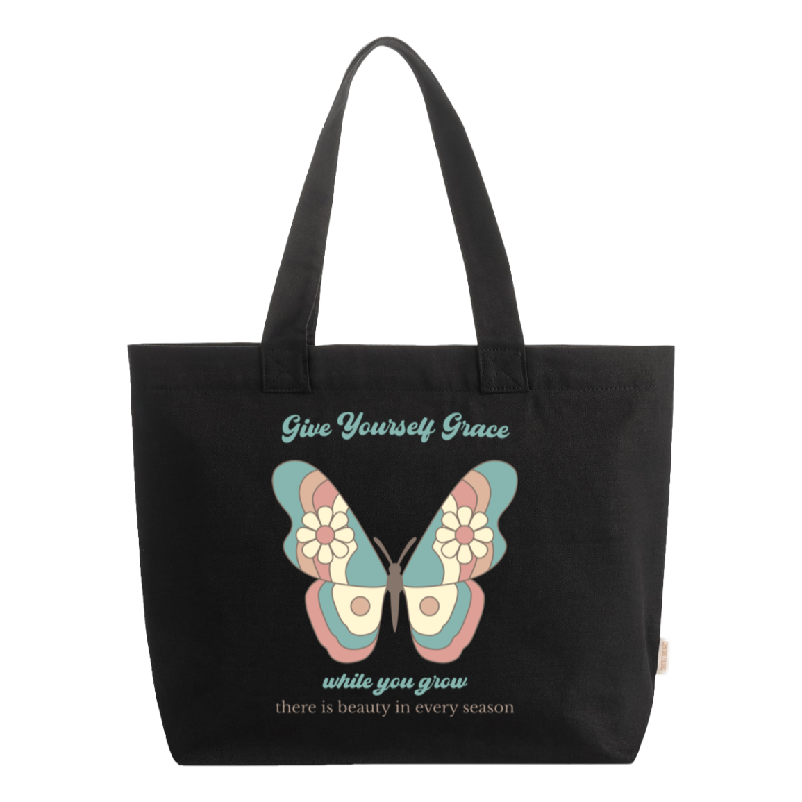 Black Vintage floral butterfly canvas zip tote featuring the inspirational message "Give Yourself Grace While You Grow, There Is Beauty in Every Season."