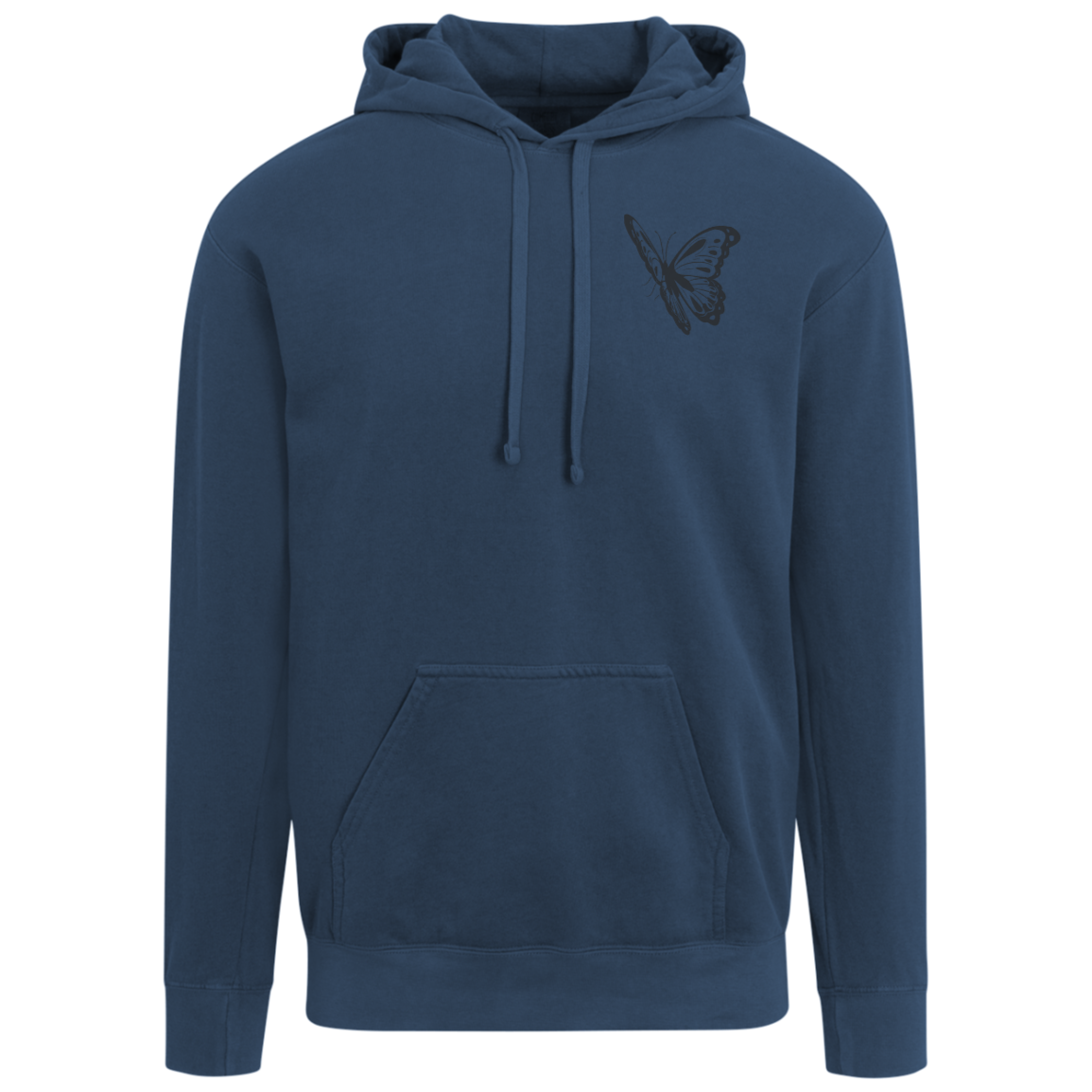 True Navy Comfort Colors hoodie with butterfly left chest graphic and vintage-inspired styling.