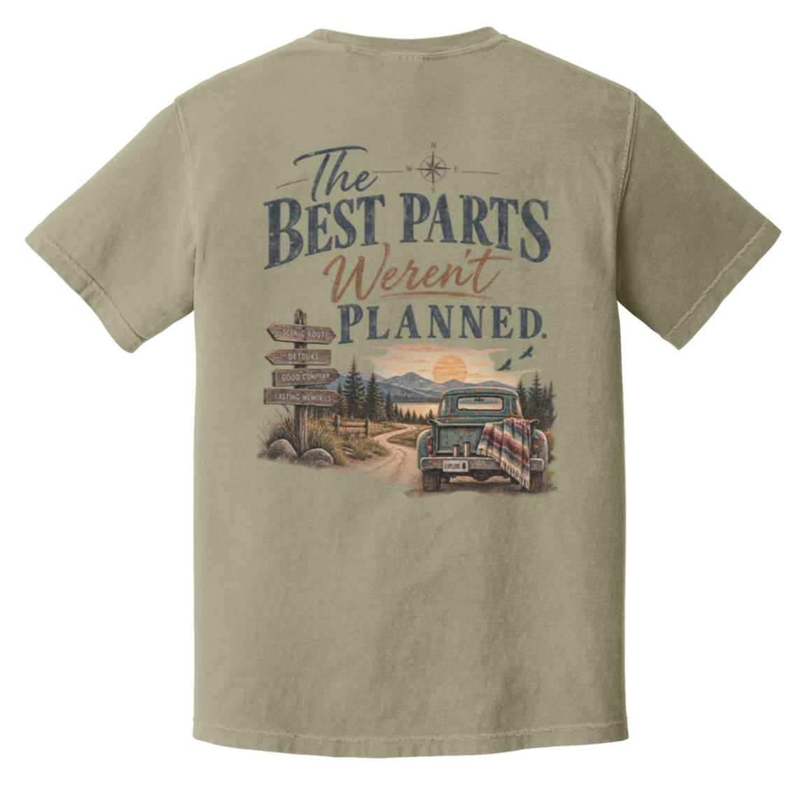A khaki short-sleeve t-shirt shown from the back, featuring a vintage-style graphic print with the text 'The BEST PARTS Weren't PLANNED.' and an illustration of a pickup truck on a country road.