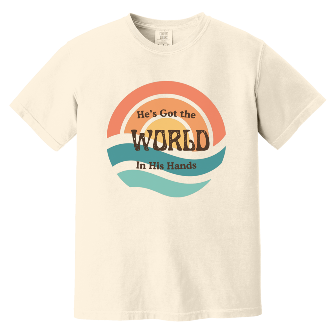 Ivory Comfort Colors T-shirt featuring the faith message He’s Got the World in His Hands.