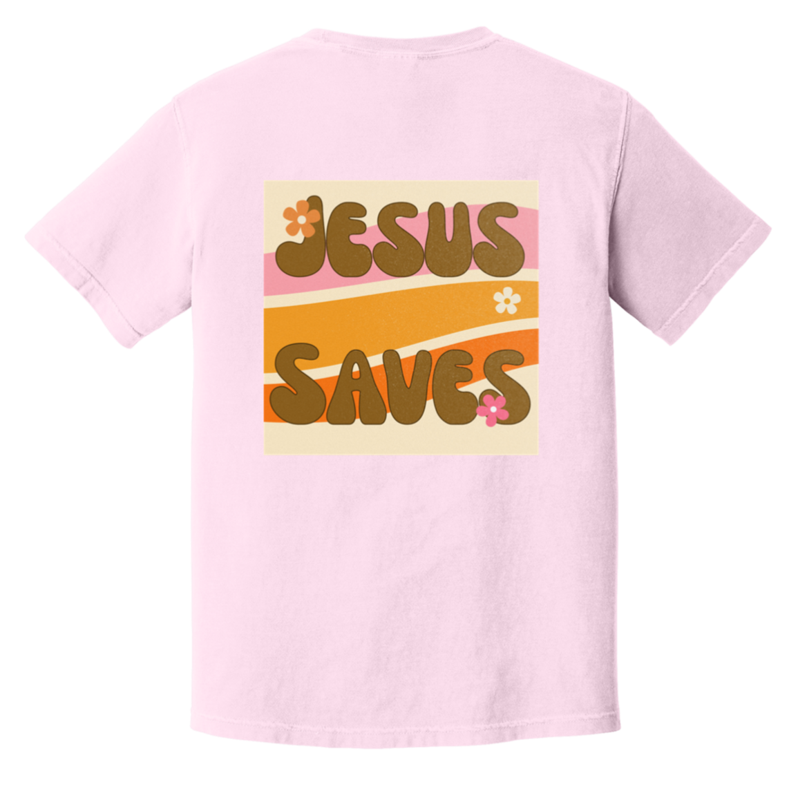 Jesus Saves retro Comfort Colors t-shirt featuring groovy vintage typography, warm 70s-inspired waves, and floral accents on blossom pink garment-dyed tee.