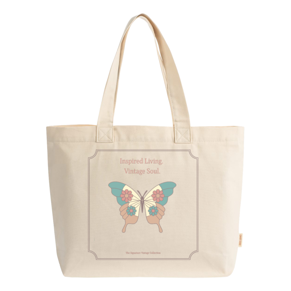 A natural-colored Comfort Colors tote bag with vintage floral butterfly and cross design, Inspired Living Vintage Soul
