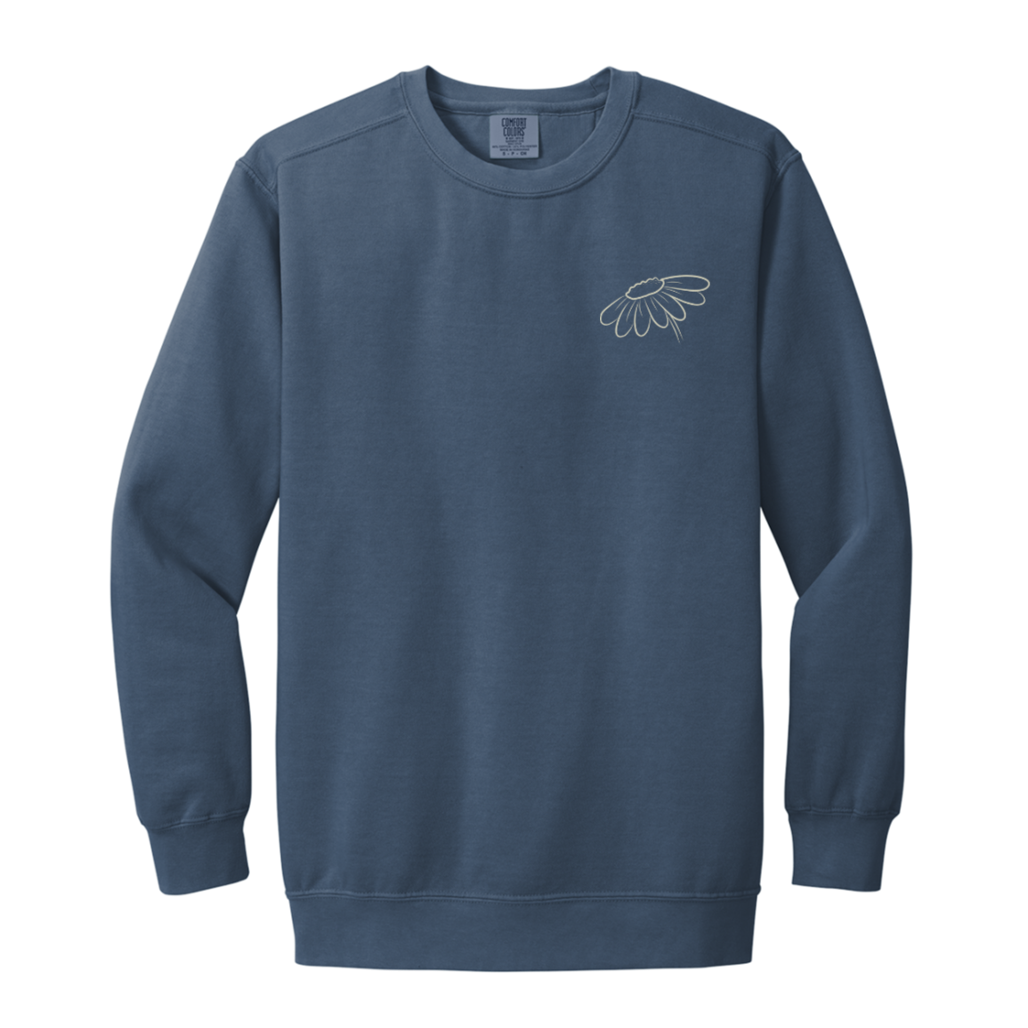 Blue Jean Comfort Colors crewneck sweatshirt showing the Faith Like a Wildflower back artwork and left chest floral detail.