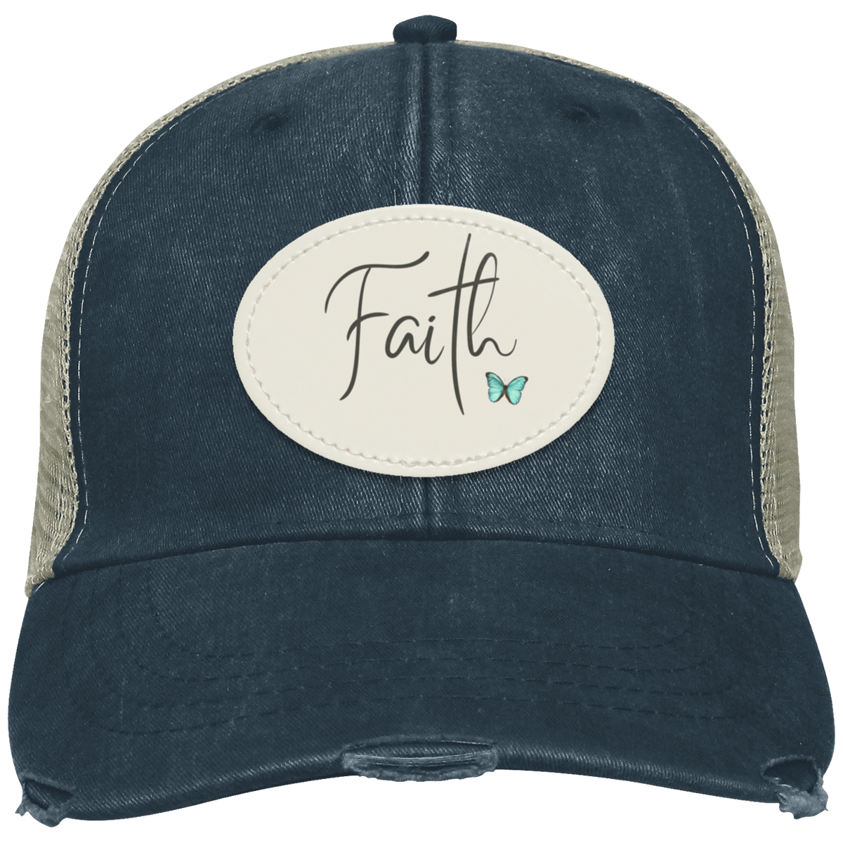 Navy distressed trucker cap featuring an oval sublimated vegan leather patch with a delicate faith design.