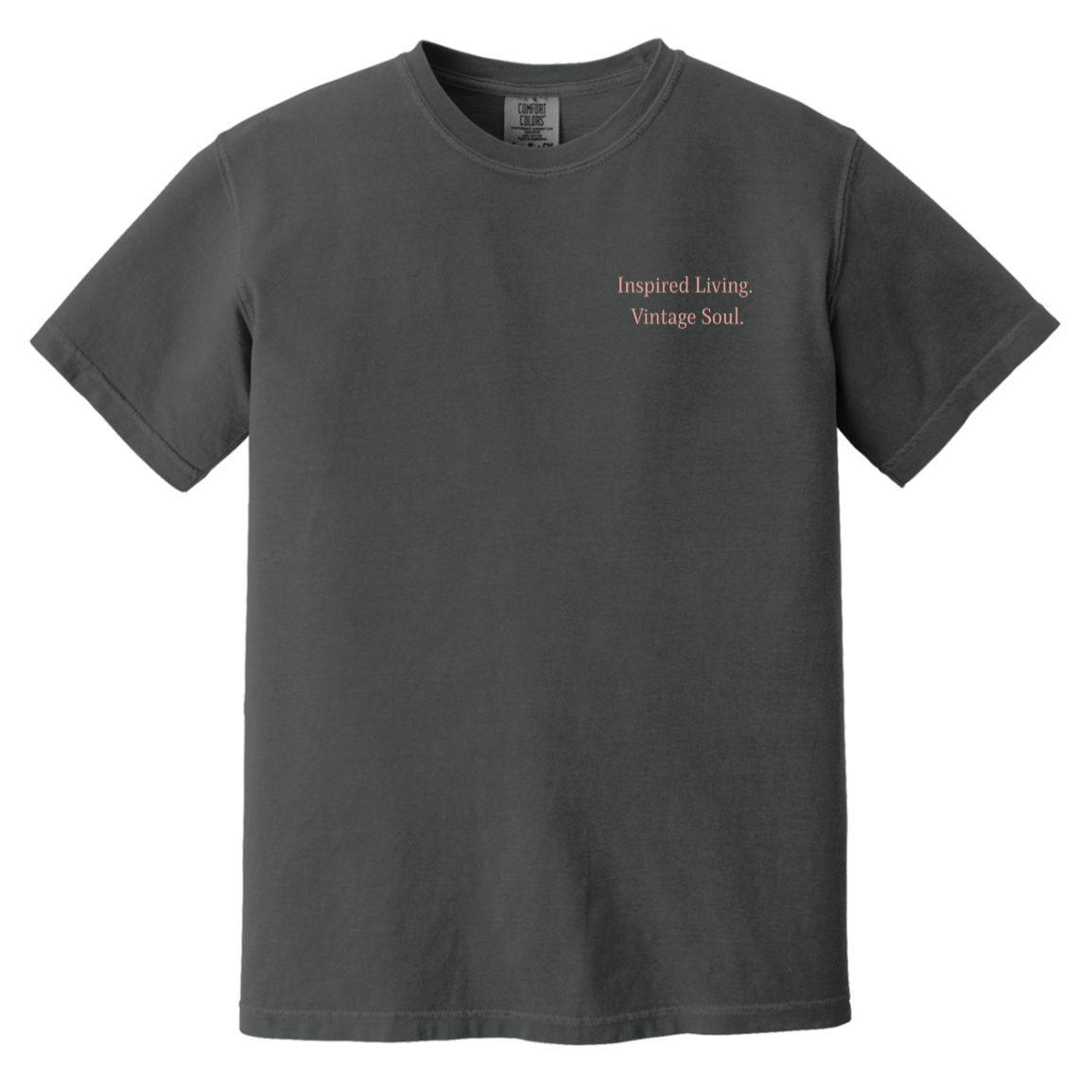 Comfort Colors Graphite t-shirt featuring an Inspired Living Vintage Soul left chest design from the Signature Vintage Collection.