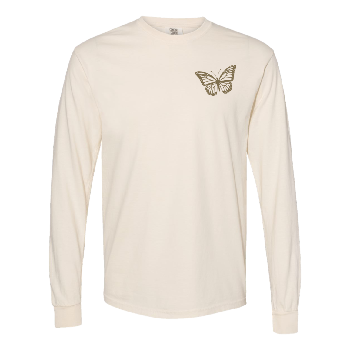 Ivory Comfort Colors long sleeve tee with small butterfly design on left chest