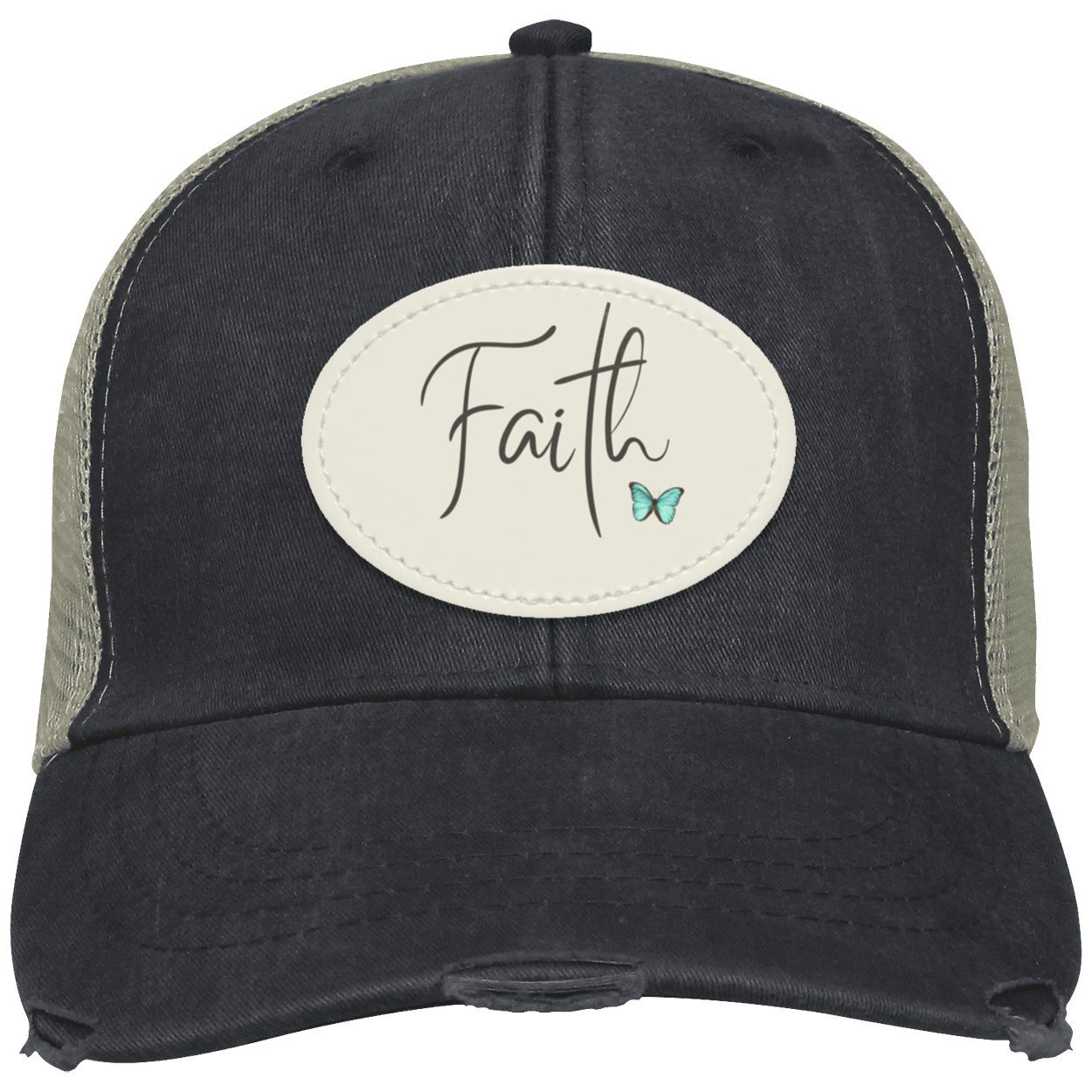 Black distressed trucker cap featuring an oval sublimated vegan leather patch with a delicate faith design.