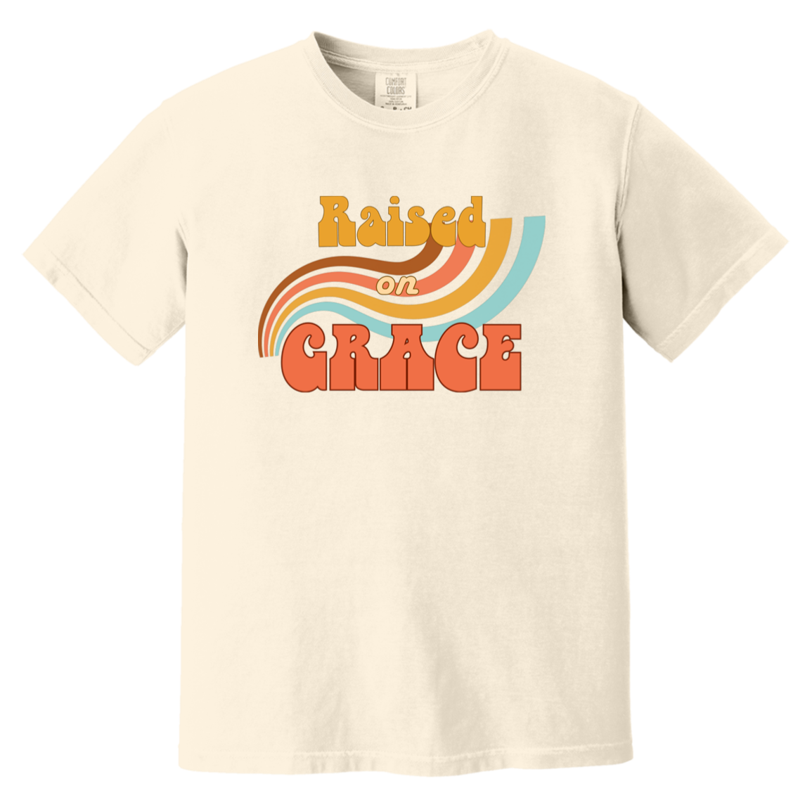 Ivory Comfort Colors T-shirt featuring a colorful retro Raised on Grace Christian design.