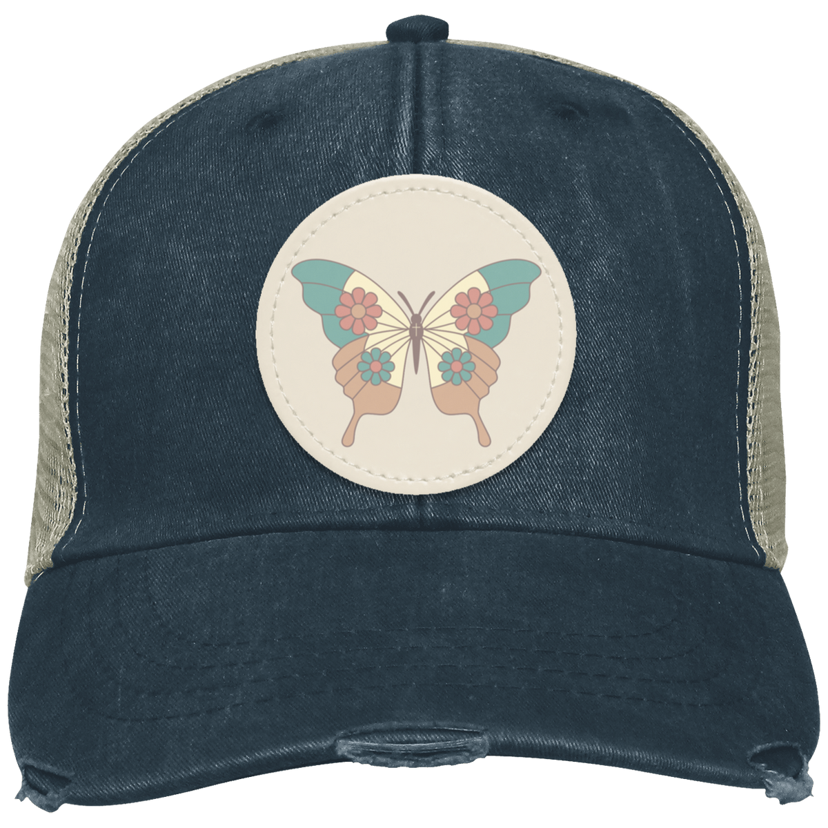 Navy Vintage distressed trucker hat featuring a cream butterfly patch on the front in a timeless vintage style.