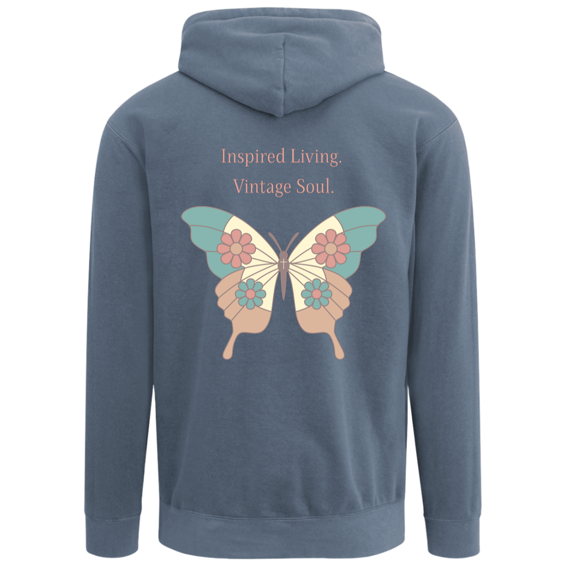 Blue Jean Comfort Colors hoodie with colorful butterfly back graphic.