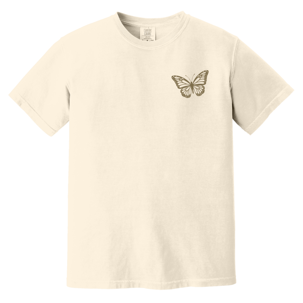 An ivory colored t-shirt with a small butterfly design on left chest.