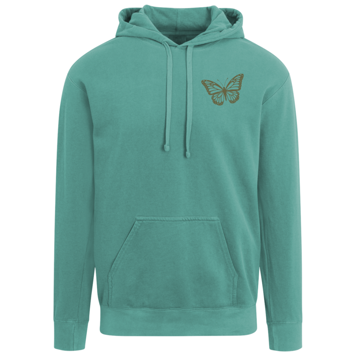 A seafoam green pullover hoodie with a small brown graphic design butterfly on the left chest. The back has a full design with a mountain sunset, field of wildflowers, vintage truck, cowboy hat and an acoustic guitar.