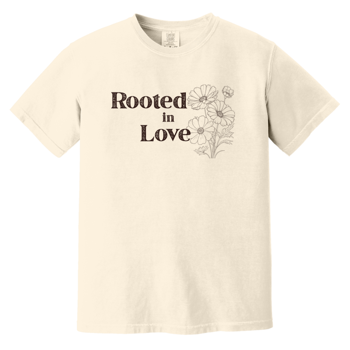 Rooted in Love vintage floral Comfort Colors 1717 t-shirt in Ivory featuring botanical artwork and distressed typography.