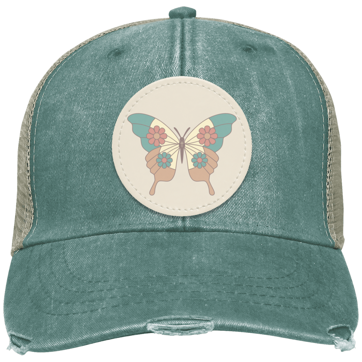 Forest Vintage distressed trucker hat featuring a cream butterfly patch on the front in a timeless vintage style.