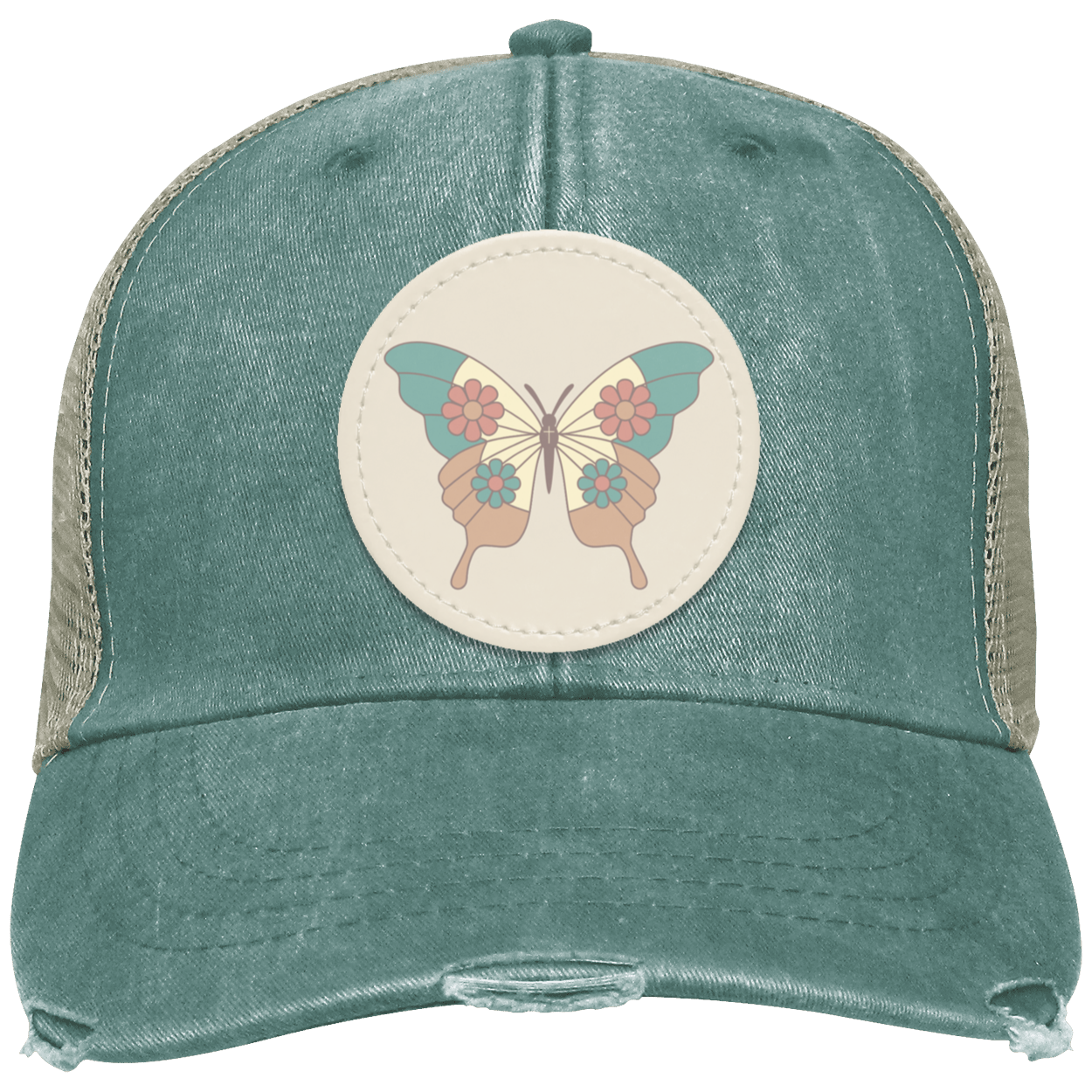 Forest Vintage distressed trucker hat featuring a cream butterfly patch on the front in a timeless vintage style.