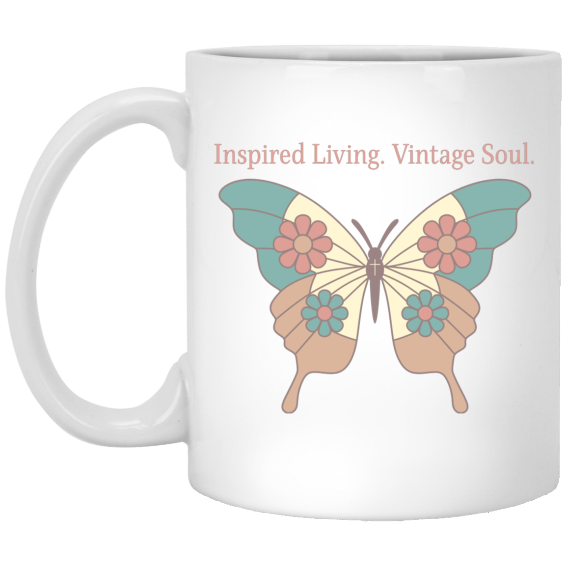 Vintage butterfly coffee mug featuring Inspired Living. Vintage Soul. text with teal, coral, and cream butterfly artwork on a white ceramic mug.