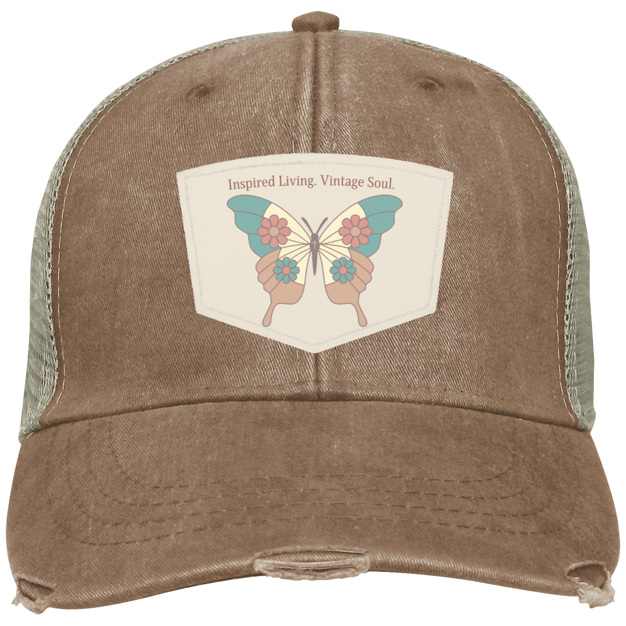 Inspired Living Vintage Soul Signature Vintage Butterfly patch hat featuring an exclusive butterfly design on a premium vegan leather patch with a distressed miss mudd brown trucker cap and adjustable snapback closure. 