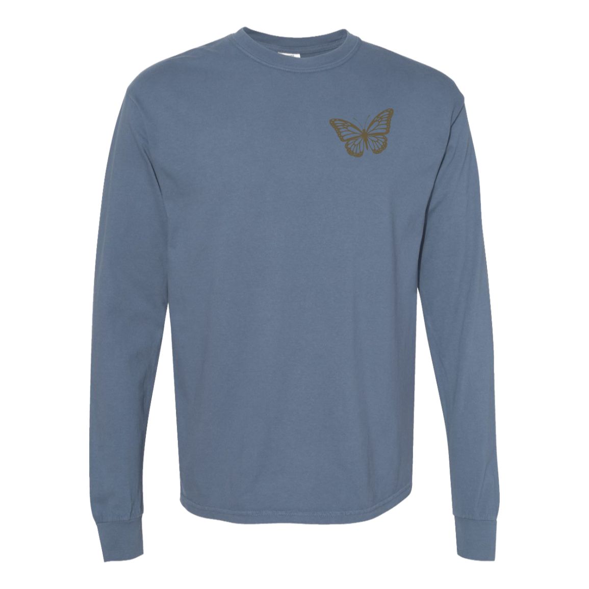 Blue Comfort Colors long sleeve tee with Where the Wildflowers Sing guitar, mountain, vintage truck and wildflower back design