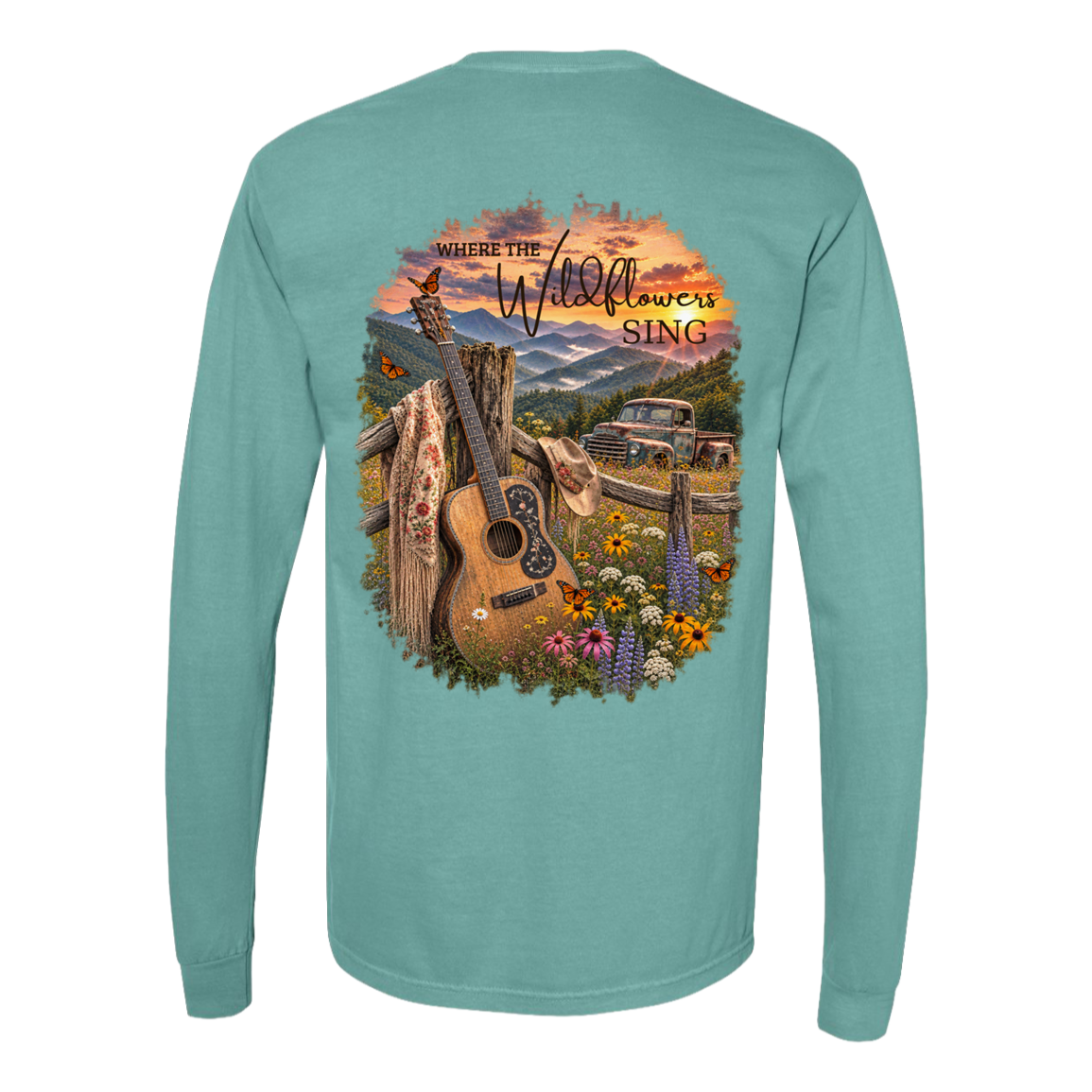 Seafoam green Comfort Colors long sleeve tee with Where the Wildflowers Sing guitar, mountain, vintage truck and wildflower back design