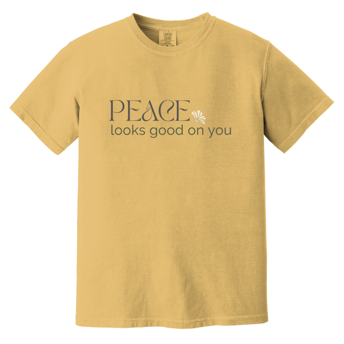 Mustard Comfort Colors T-shirt featuring the inspirational “Peace looks good on you” graphic