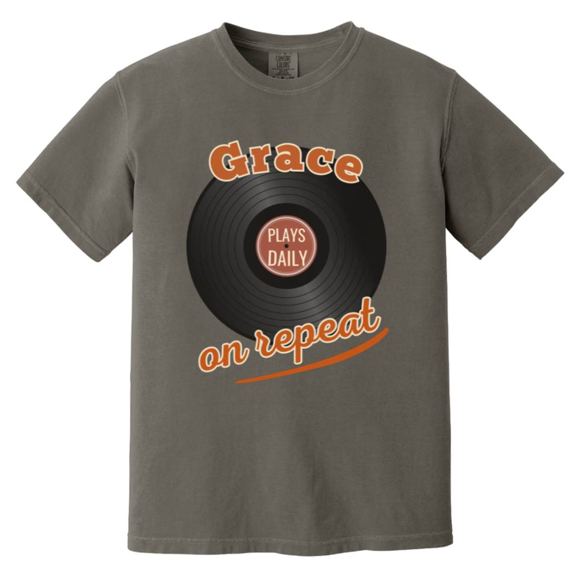 A pepper comfort colors crewneck t-shirt featuring a retro graphic of a vinyl record with the words 'Grace on repeat' in orange script and 'PLAYS DAILY' in the center label.