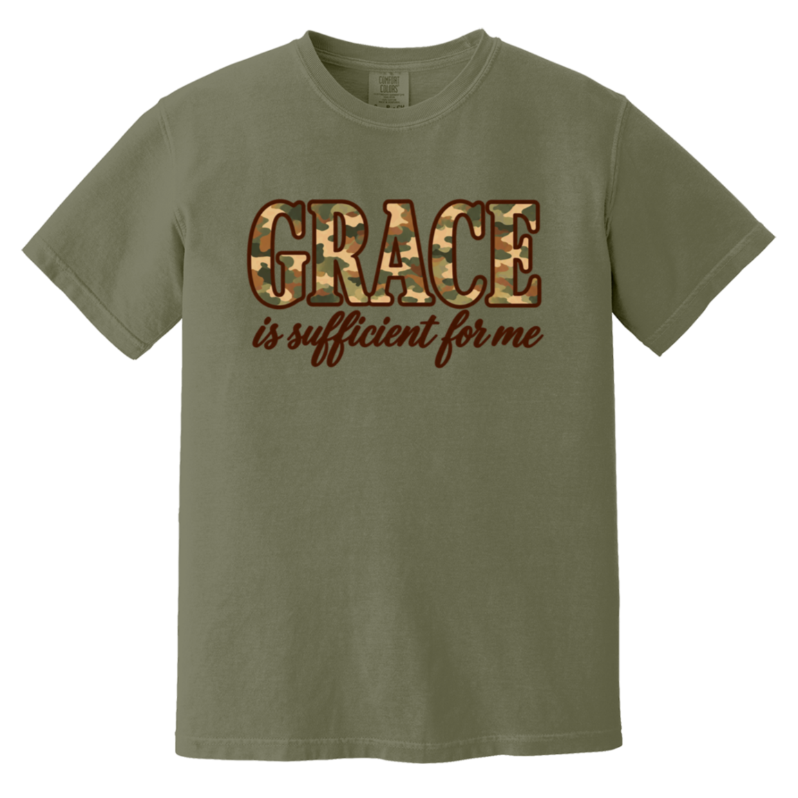 A moss green comfort colors short-sleeve t-shirt with a graphic on the chest that reads 'GRACE is sufficient for me'. The word 'GRACE' is filled with a camouflage pattern in shades of brown, tan, and green, while the phrase 'is sufficient for me' is printed below in a dark brown cursive font.