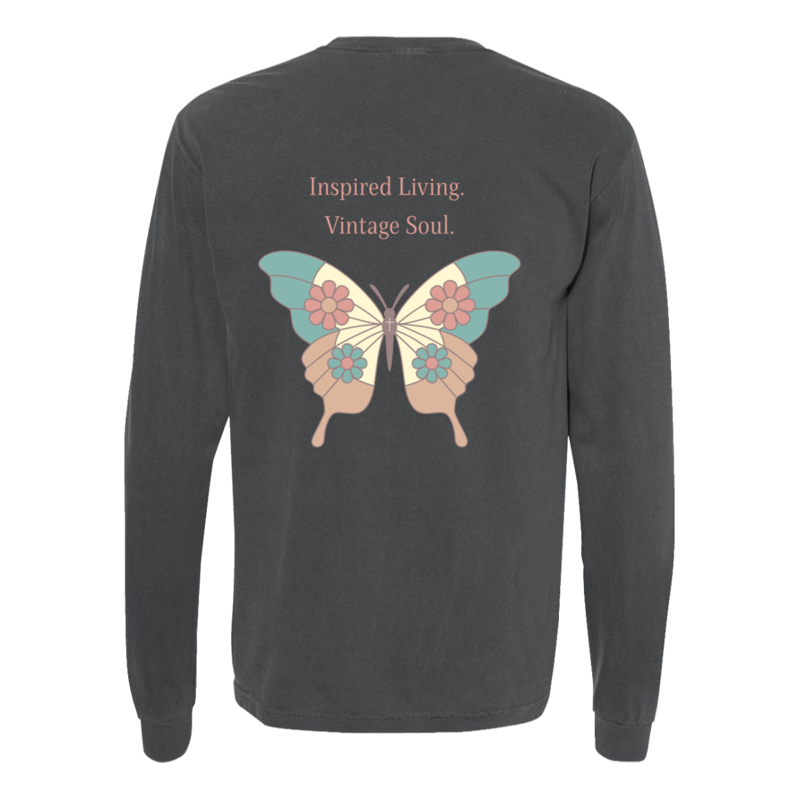 Back of Pepper Comfort Colors heavyweight long sleeve featuring original vintage butterfly artwork.