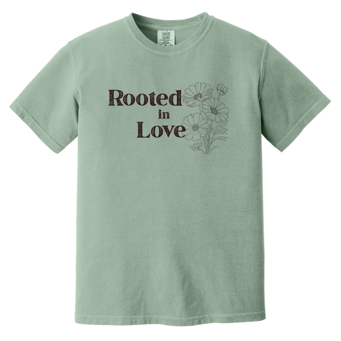 Rooted in Love vintage botanical t-shirt in Bay green featuring floral artwork and timeless typography.