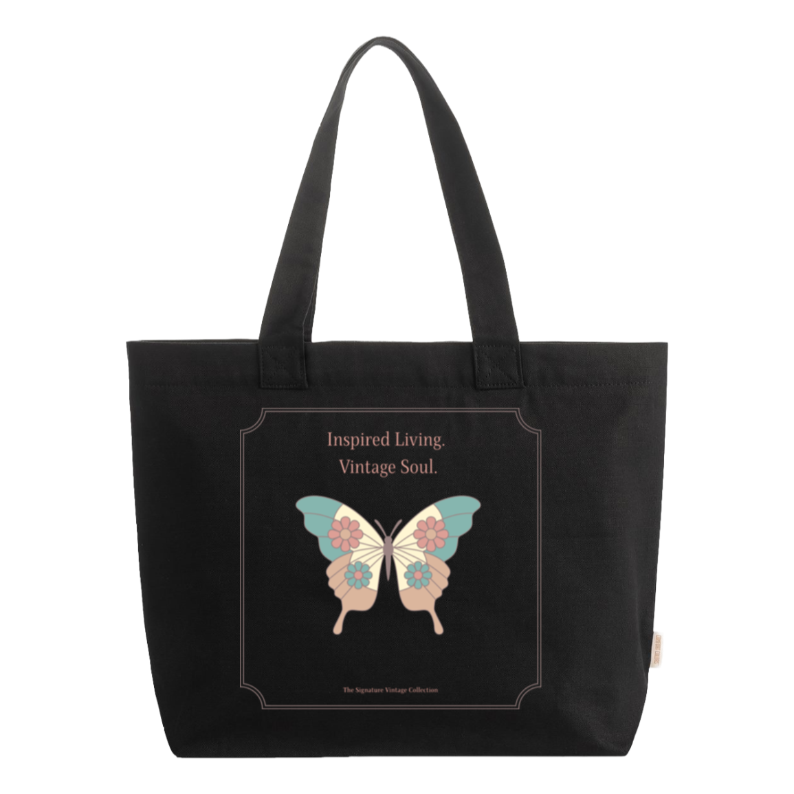 Black Comfort Colors® zip tote bag featuring vintage butterfly artwork and Inspired Living Vintage Soul design from The Signature Vintage Collection.