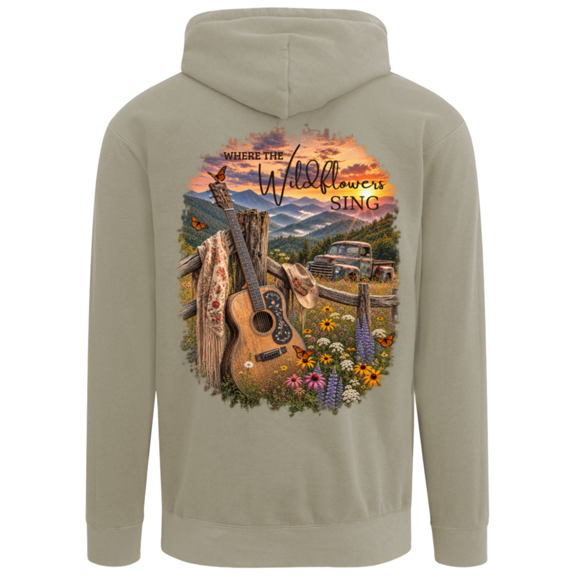 A gray pullover hoodie shown from the back, featuring a large, colorful western-themed graphic print with an acoustic guitar, flowers, a rustic truck, and mountains under a sunset sky. Front left chest design of small butterfly.
