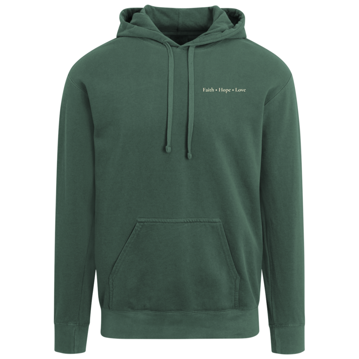 Front of Blue Spruce Comfort Colors Christian hoodie featuring a small Faith Hope Love left chest design.

Back