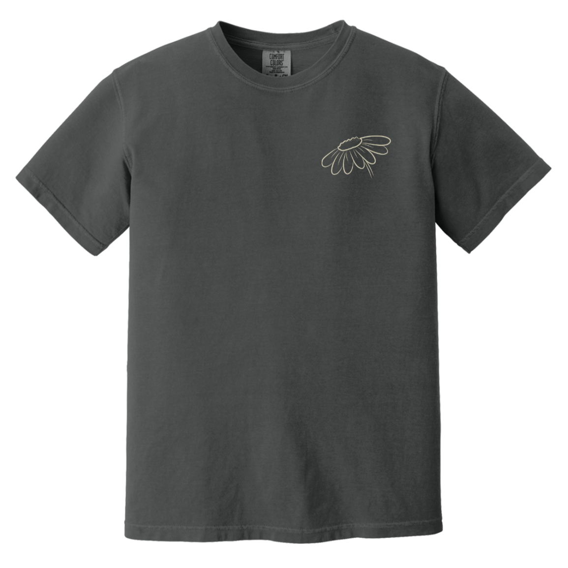 Front of Graphite Comfort Colors T-shirt featuring a small outlined wildflower design on the left chest.