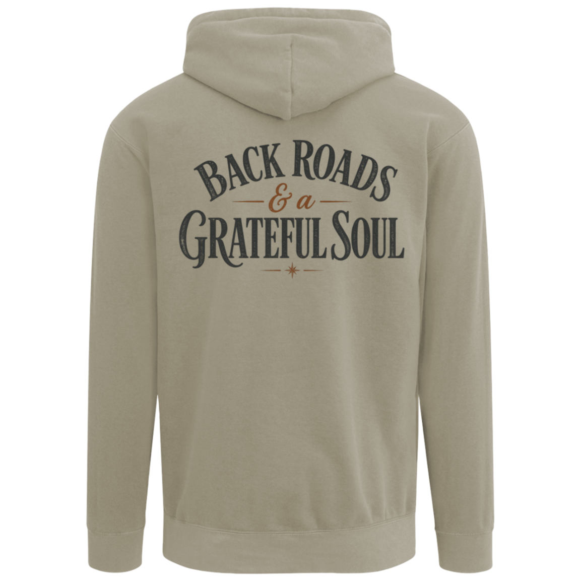 Back view of gray Comfort Colors unisex hoodie featuring Back Roads & a Grateful Soul distressed vintage typography with rust accents and compass star