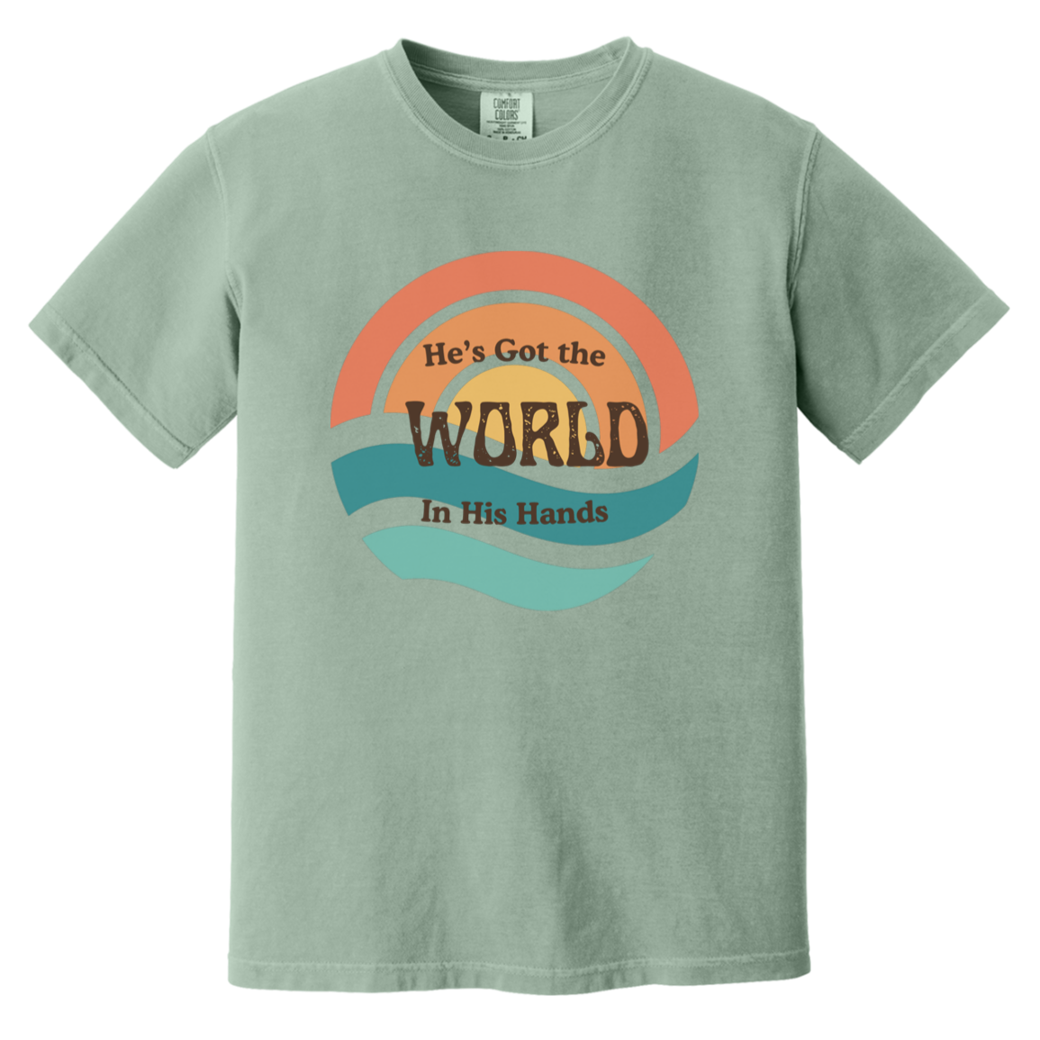 Bay Comfort Colors T-shirt featuring a retro He’s Got the World in His Hands Christian design.