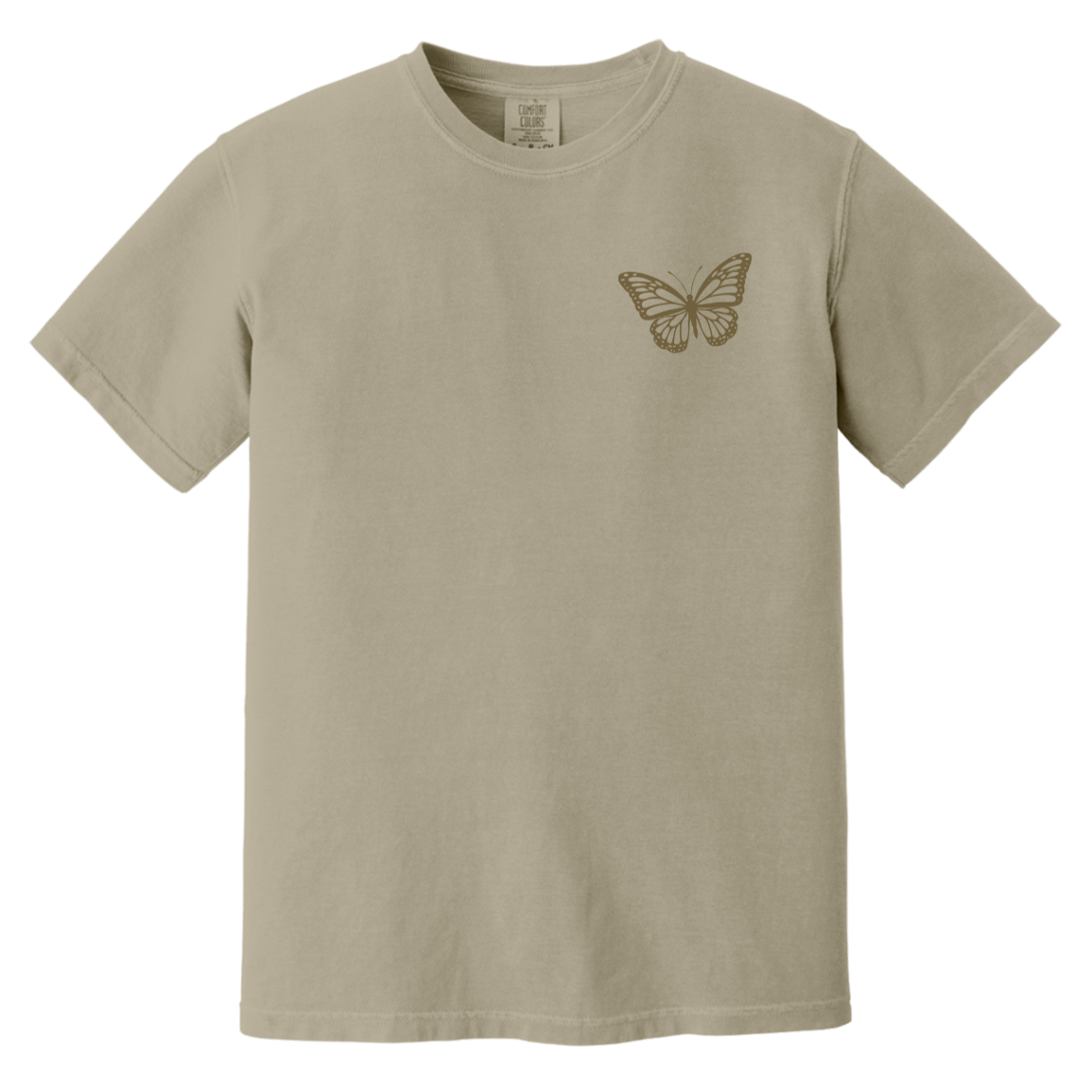A sandstone colored t-shirt with a left chest design of a butterfly in light brown.