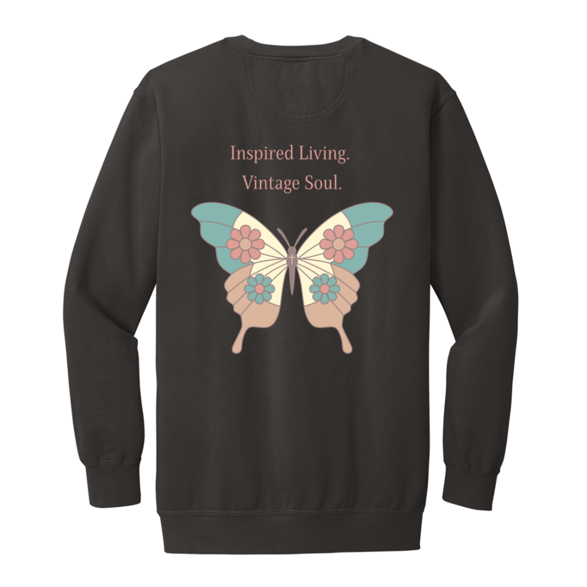 Pepper Comfort Colors sweatshirt with large butterfly artwork printed on the back.