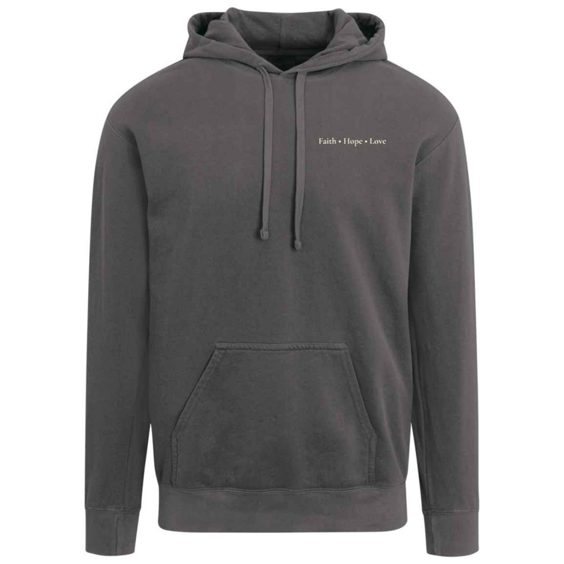 Front of Pepper Comfort Colors Christian hoodie featuring a small Faith Hope Love left chest design.