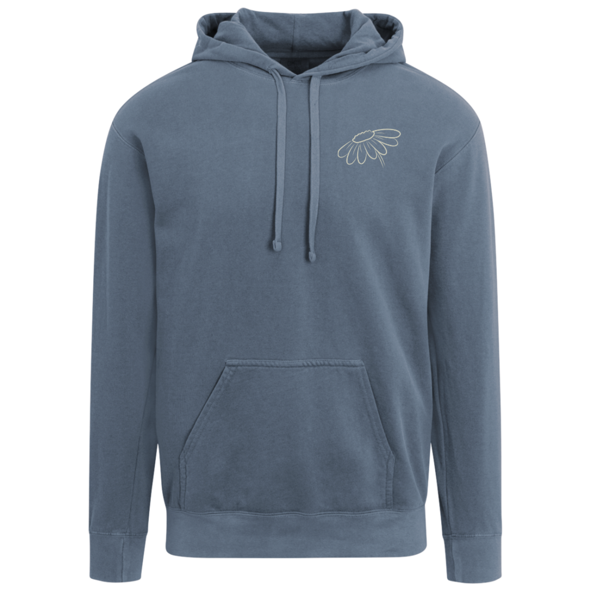Blue Jean Comfort Colors hoodie showing the Faith Like a Wildflower back artwork and left chest floral detail.