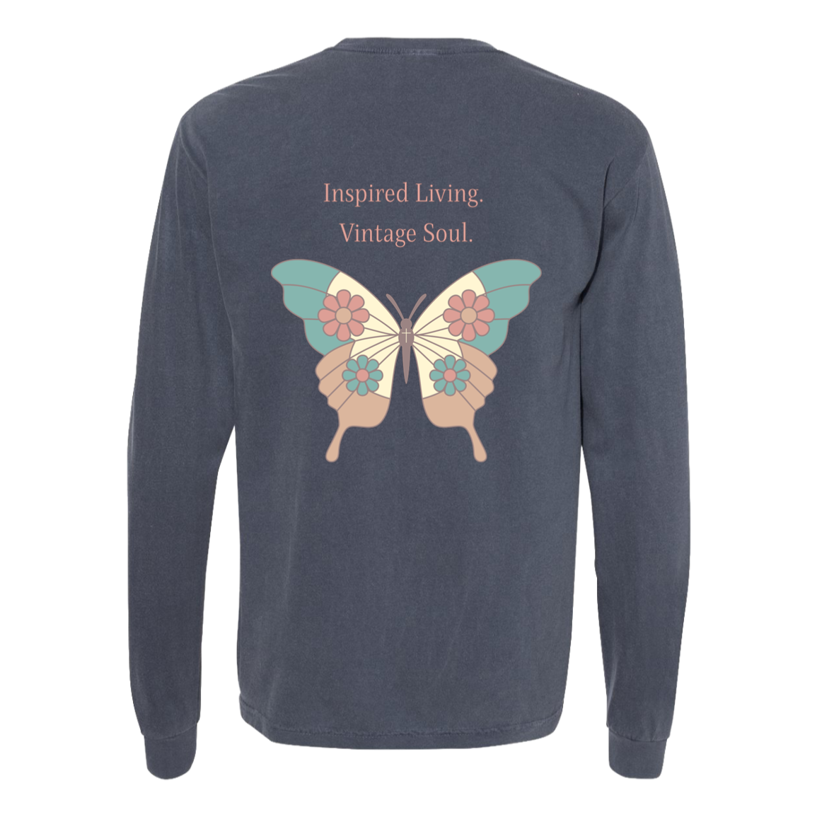 Back of Denim Comfort Colors heavyweight long sleeve featuring original vintage butterfly artwork.