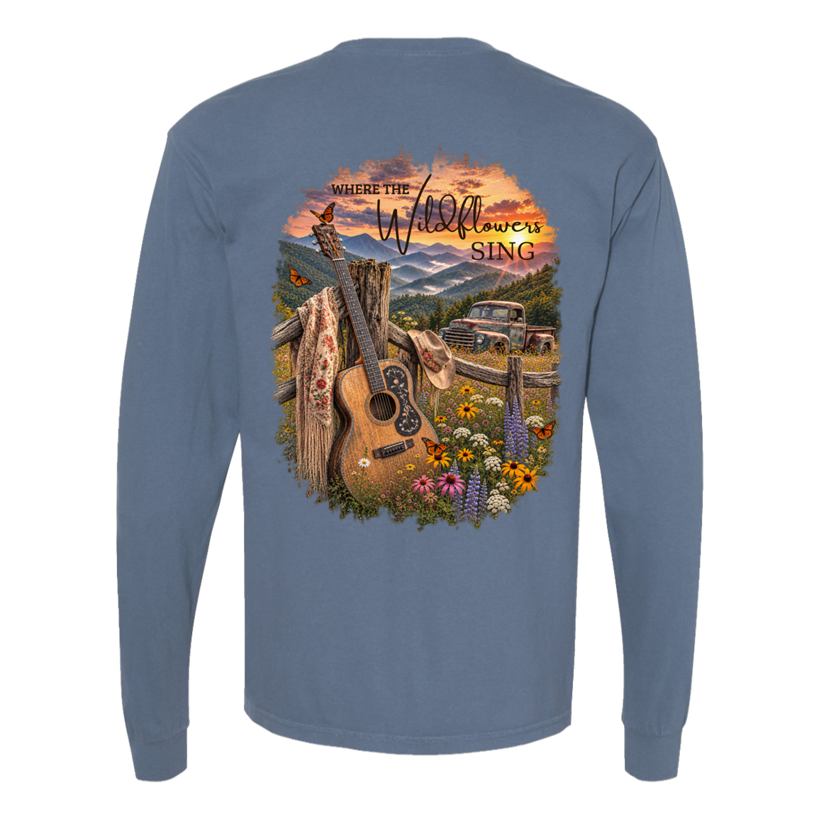 Blue Comfort Colors long sleeve tee with Where the Wildflowers Sing guitar, mountain, vintage truck and wildflower back design