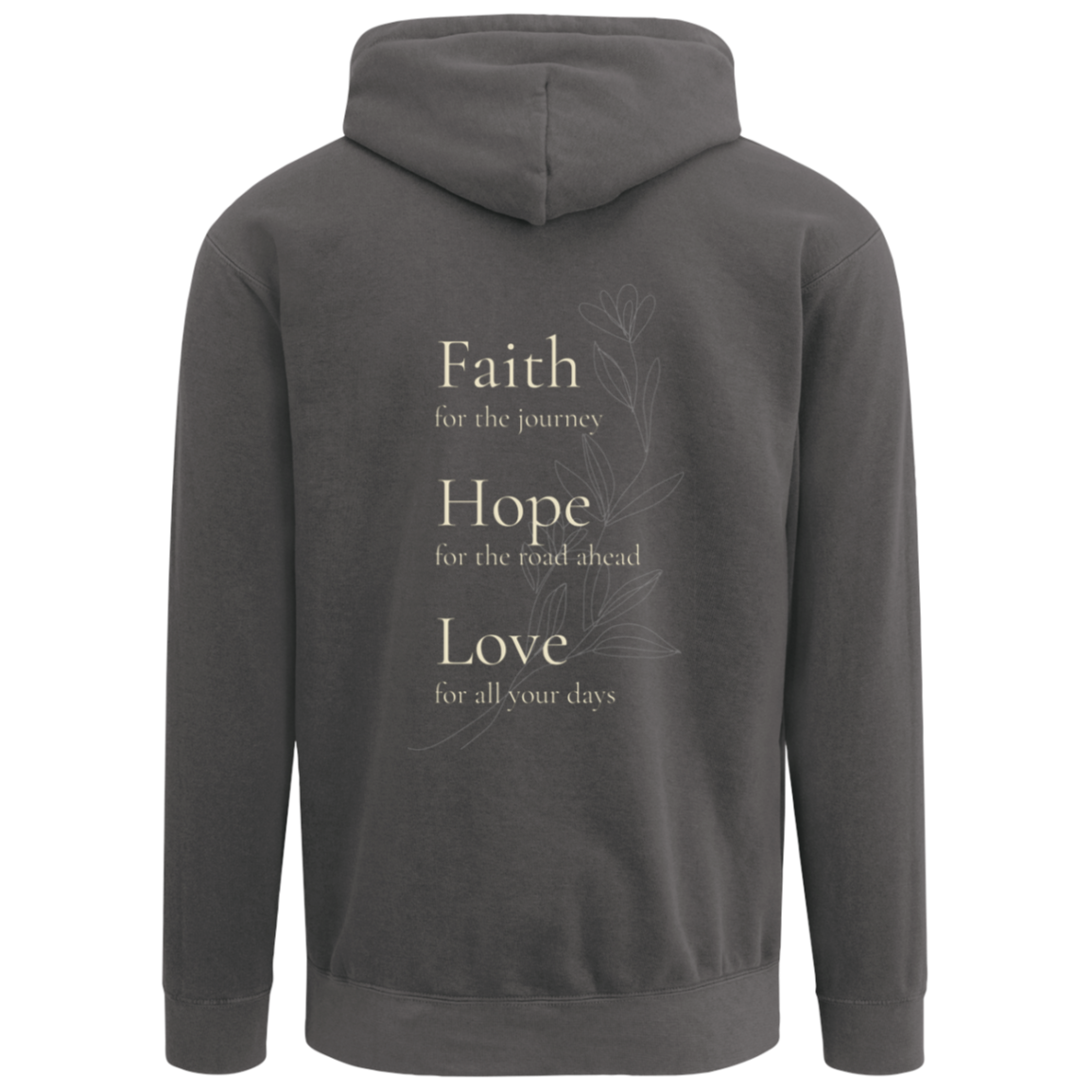 Comfort Colors Pepper Faith Hope Love botanical Christian hoodie featuring a large inspirational back design.
