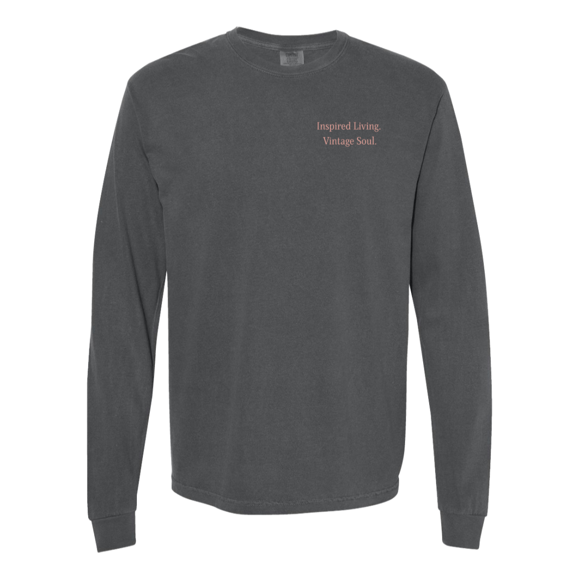 Pepper Comfort Colors long sleeve with coordinating Inspired Living Vintage Soul left chest print.