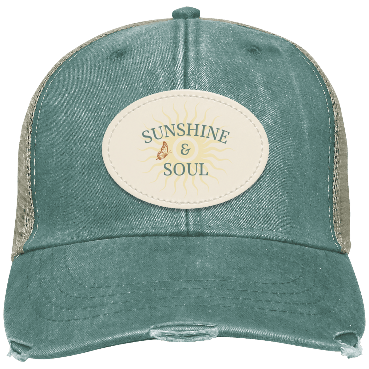 Forest vintage distressed trucker cap featuring an oval Sunshine & Soul sublimated vegan leather patch.
