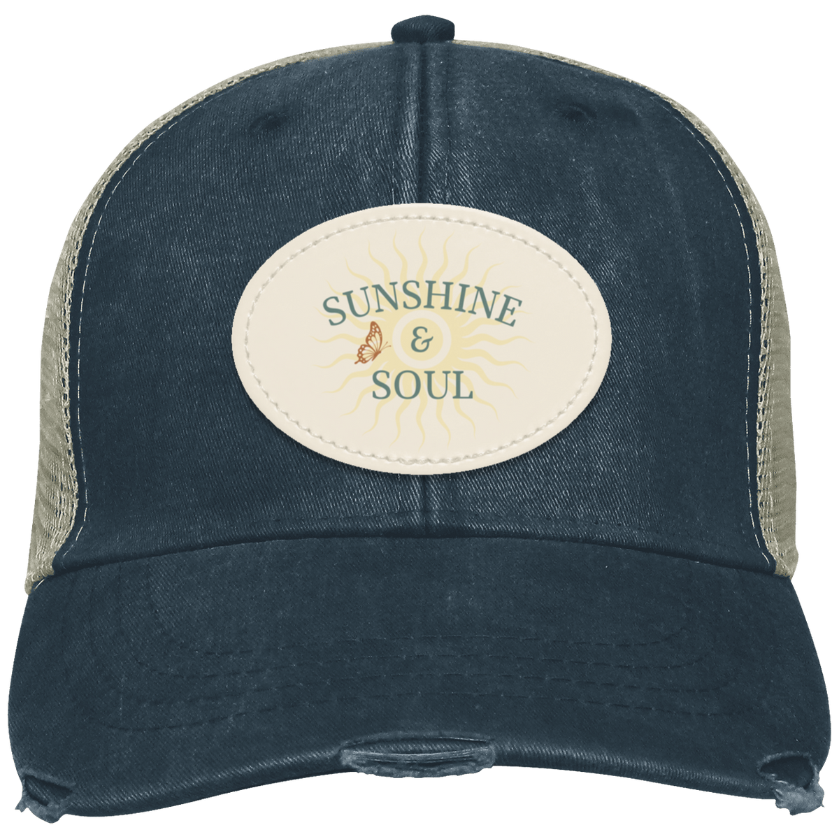 Navy vintage distressed trucker cap featuring an oval Sunshine & Soul sublimated vegan leather patch.
