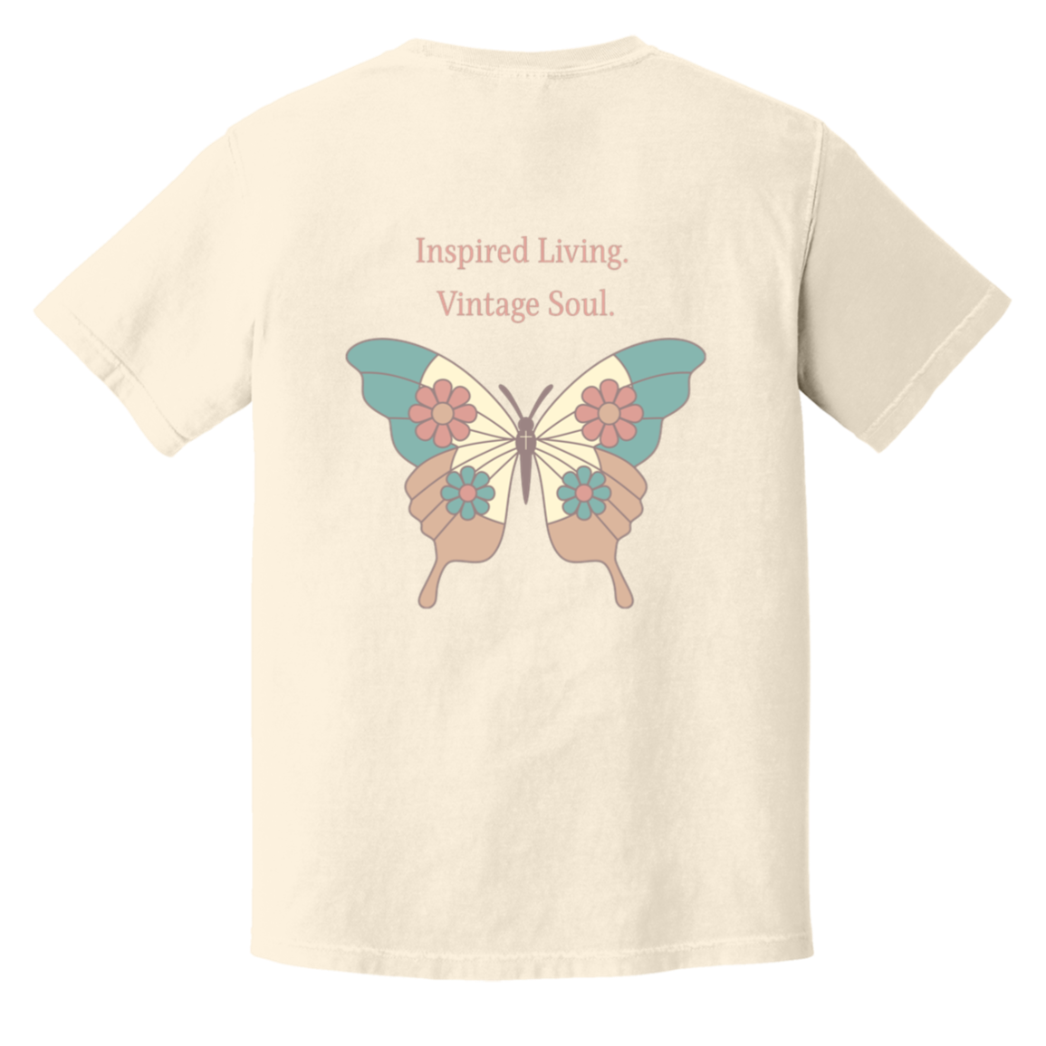 Comfort Colors Ivory t-shirt featuring a large vintage butterfly design and Inspired Living Vintage Soul message on the back with coordinating left chest detail.