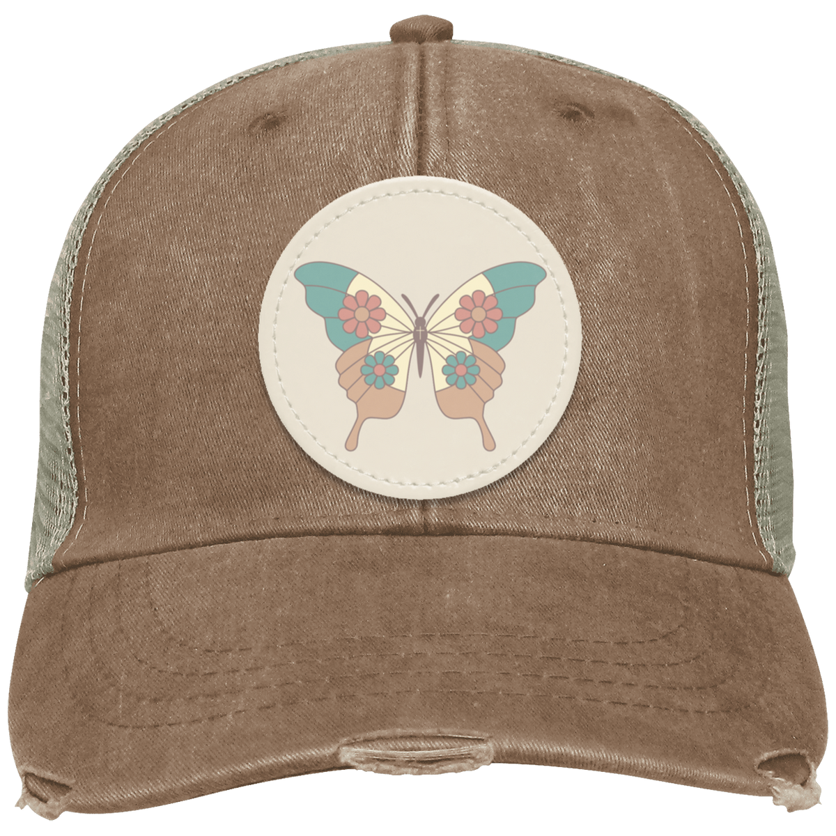 Miss Mudd Brown Vintage distressed trucker hat featuring a cream butterfly patch on the front in a timeless vintage style.